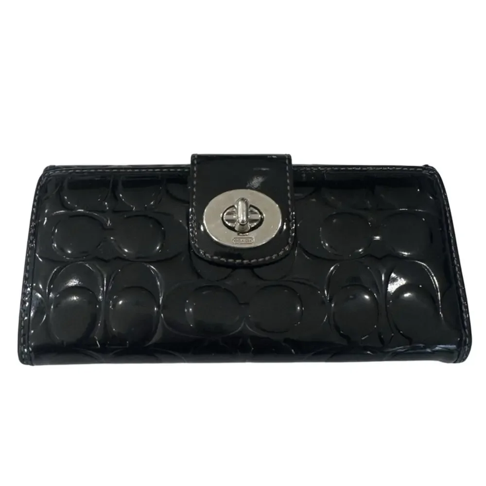Coach Black Patent Leather Wallet C Monogram Silver Turnlock Vintage Y2K Compact